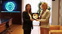 Da sinistra: Marcella Panucci, dg Confindustria, accolta da Domitilla Benigni direttore generale di Elettronica durante la visita avvenuta l'11 luglio 2019