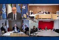 Roma, 7 luglio 2025. Il ministro della Difesa italiano Guido Crosetto, l'omologo giapponese Nakatani Gen ed il segretario di Stato per la difesa del Regno Unito John Healey hanno preso parte ad un incontro in videoconferenza sul Gcap (Global Combat Air Programme)
