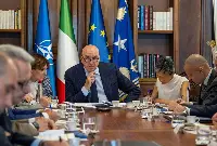 Rome, on July 7, 2025. The Italian Defence Minister Guido Crosetto, his Japanese counterpart Nakatani Gen and the UK State Defence Secretary John Healey in a virtual meeting on GCAP (Global Combat Air Programme)