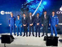Italian astronaut Samantha Cristoforetti with colleagues from the European Space Agency at the Paris Air Show 2023