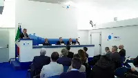 Il presidente Ifsc (Italian Flight Safety Committee) Lorenzo Mezzadri durante il suo intervento al convegno sulla sicurezza del volo organizzato da Inaf svoltosi il 14 aprile 2023 a Roma