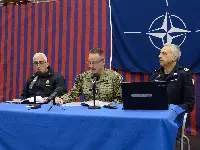 Catania on February 26, 2024, press conference of presentation of the "Dynamic Manta" drill on the "Morosini" ship. From left rear admirals Pasquale Esposito, Thomas Wall and Alberto Tarabotto