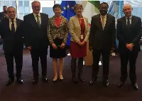 Nicola Zaccheo (presidente Enac, secondo da sinistra) incontra vertici Icao a Montreal il 28 maggio 2019: il presidente Benard Aliu (secondo da destra) ed il segretario generale Fang Liu (terza da sinistra)
