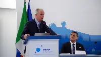 Il presidente dell'Enac (Ente nazionale aviazione civile) Pierluigi Di Palma durante il suo intervento all'evento Ifsc (Italian Flight Safety Committee) svoltosi a Roma il 14 aprile 2023 ed il presidente Ifsc Lorenzo Mezzadri