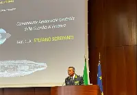Roma, 2 ottobre 2025. Il comandante Aeronavale centrale, generale CA Stefano Screpanti durante il suo intervento al convegno in occasione dei 20 anni dall'istituzione del Comando aeronavale centrale della GdF
