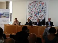 Conferenza-stampa Assaeroporti-Demopolis: presentazione indagine demoscopica  svoltasi il primo giugno 2022 presso Associazione stampa estera in Italia. Da sinistra: Francesca Isgrò, presidente Enav; Carlo Borgomeo, presidente Assaeroporti; Enrico Giovannini, ministro Infrastrutture e mobilità sostenibili e Pierluigi Di Palma, presidente Enac