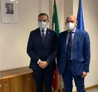Roma, primo dicembre 2021. Visita del presidente commissione Difesa della Camera dei deputati, Gianluca Rizzo (a sinistra) alla sede dell'Ansv insieme al presidente Bruno Franchi