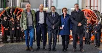 Malpensa, 27 marzo 2026. Da sinistra: Pierluigi Di Palma, presidente Enac (Ente nazionale aviazione civile), Lorenzo Lagorio Country Manager di easyJet Italia, Attilio Fontana, presidente Regione Lombardia, Arianna Censi, assessore Mobilit&agrave; del Comune di Milano, Armando Brunini, ceo di Sea Milan Airports alla cerimonia dei 20 anni vettore aereo sulla base di Milano