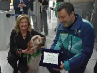 Roma, 27 febbraio 2026. Matteo Salvini (Mit) con il cane di taglia media-grande Evangelista che ha viaggiato in cabina, senza trasportino, stamattina su aereo Aeroitalia decollato da Roma per Palermo