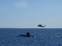 Catania, 26 febbraio 2024. Elicottero in volo durante la Nato “Dynamic Manta”, una delle più importanti e complesse esercitazioni antisommergibile che continua fino all'8 marzo, al largo delle coste orientali e meridionali della Sicilia