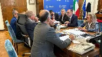 Roma, 19 novembre 2025. Un momento dell'incontro tra il ministro delle Imprese e del Made in Italy ed Autorità delegata per le Politiche spaziali ed aerospaziali, Adolfo Urso, ed il direttore generale dell’Esa, Josef Aschbacher, insieme al presidente Asi Teodoro Valente