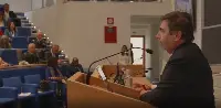 L'Aquila 4 maggio 2026. Massimo Claudio Comparini, Managing Director della Divisione Spazio di Leonardo, presidente del cda di Thales Alenia Space e presidente dell&rsquo;assemblea dei Fondatori di Gran Sasso Tech durante il suo intervento nel corso della seconda edizione di "SpaceRaise 2026"