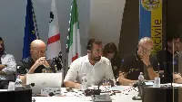 Regione Sardegna: assessore Difesa ambiente, Marco Porcu (al centro) ed il capo Dipartimento protezione civile nazionale Fabrizio Curcio (a destra) in occasione della visita del 18 agosto 2023 per fare il punto sulla campagna antincendio boschivio