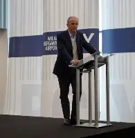 Pierluigi Di Palma, presidente Enac (Ente nazionale aviazione civile), durante il suo intervento all'inaugurazione del nuovo terminal partenze all'aeroporto di Bergamo-Orio al Serio avvenuta il 25 novembre 2025