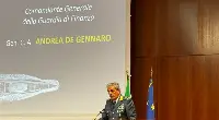 Roma, 2 ottobre 2025. Il comandante generale della GdF generale CA Andrea De Gennaro durante il suo intervento al convegno in occasione dei 20 anni dall'istituzione del Comando aeronavale centrale della GdF