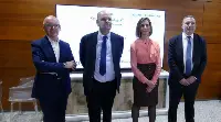 Cagliari, 23 marzo 2026. Da sinistra: David Crognaletti, Chief Commercial Officer di Sogaer (Societ&agrave; gestione scalo), Gaetano Intrieri, ad Aeroitalia, Barbara Manca assessore Trasporti Regione Sardegna e Massimo Di Perna, Chief Commercial Officer di Aeroitalia alla conferenza-stampa di presentazione del network stagione Summer 2026 dall'aeroporto cagliaritano