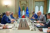 Rome, on July 8, 2025. The Italian Defence Minister Guido Crosetto (on the right with glasses), received the general director of European Space Agency (ESA), Josef Aschbacher