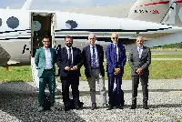 Da sinistra: il sindaco di Fano Luca Serfilippi, il presidente della XIII commissione Agricoltura della Camera dei Deputati Mirco Carloni, il presidente di Enac Pierluigi D Palma, il direttore generale di Enac Alexander D'Orsogna e l'amministratore unico Enac Servizi Aeroporti Marco Trombetti (Aeroporto di Roma-Urbe, 15 settembre 2025).