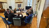 Roma, 19 novembre 2025. Un momento dell'incontro tra il ministro delle Imprese e del Made in Italy ed Autorità delegata per le Politiche spaziali ed aerospaziali, Adolfo Urso, ed il direttore generale dell’Esa, Josef Aschbacher, insieme al presidente Asi Teodoro Valente